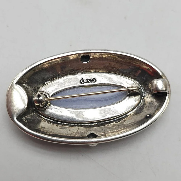 Vintage CAROLYN POLLACK RELIOS Sterling Silver Blue Lace Agate Brooch Pin - Picture 3 of 6